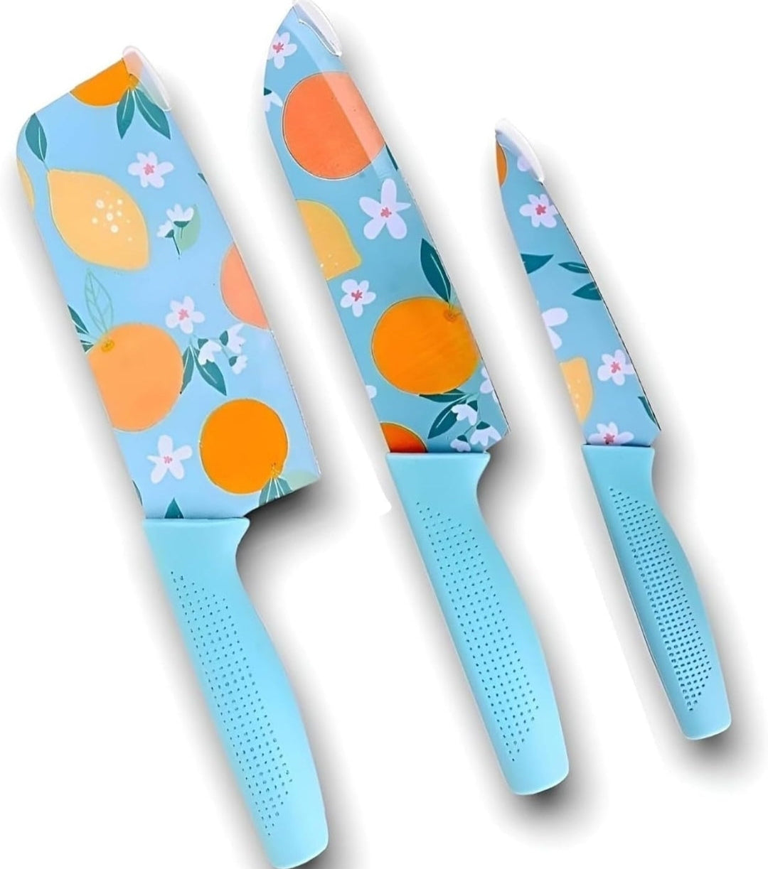 Printed Kitchen Knife Set – 3 PCS Stainless Steel Chef, Utility & Paring Knives | Floral Coated Blade, Ergonomic Handle | Dishwasher Safe – Sky Blue