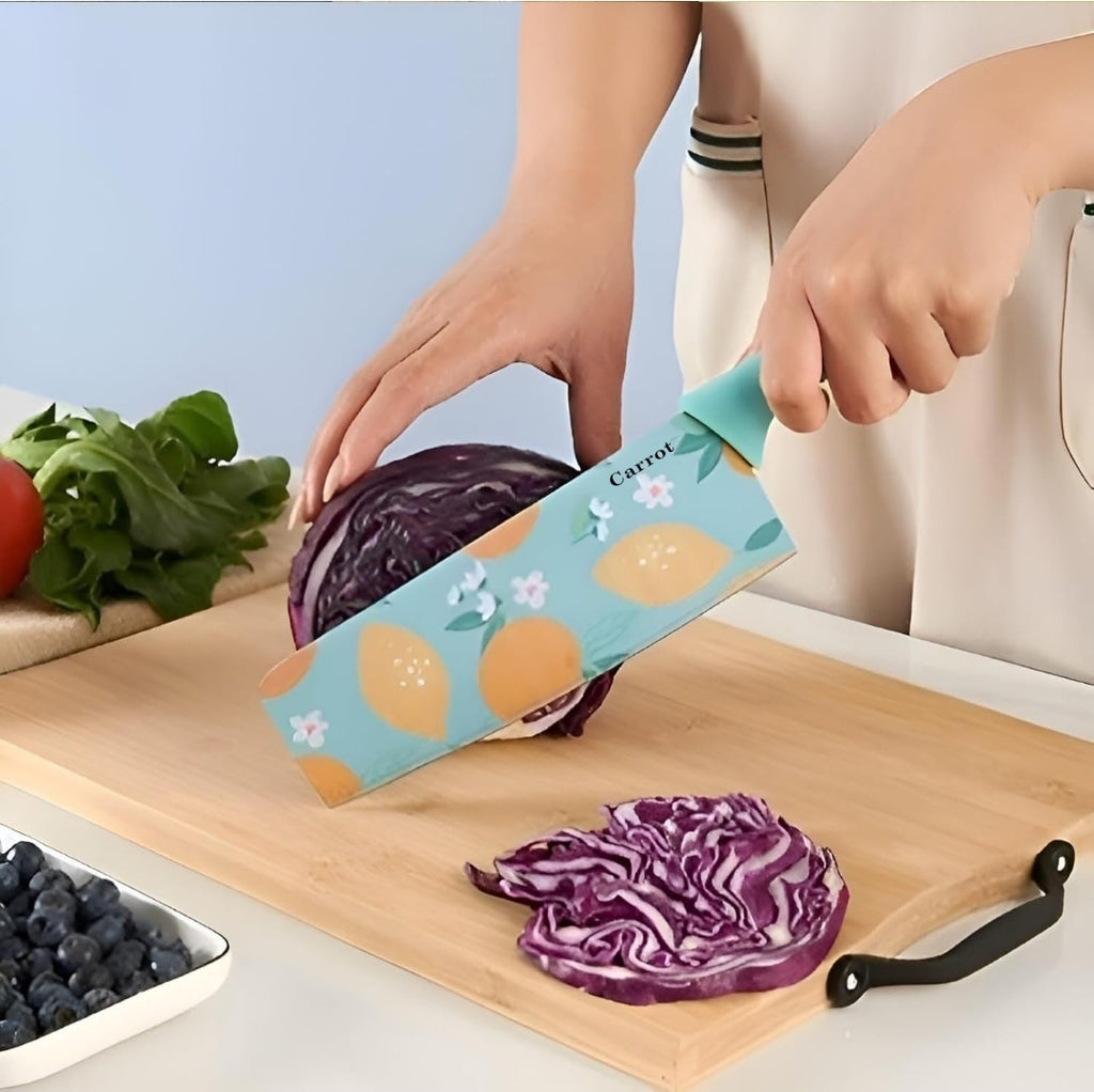 Printed Kitchen Knife Set – 3 PCS Stainless Steel Chef, Utility & Paring Knives | Floral Coated Blade, Ergonomic Handle | Dishwasher Safe – Sky Blue
