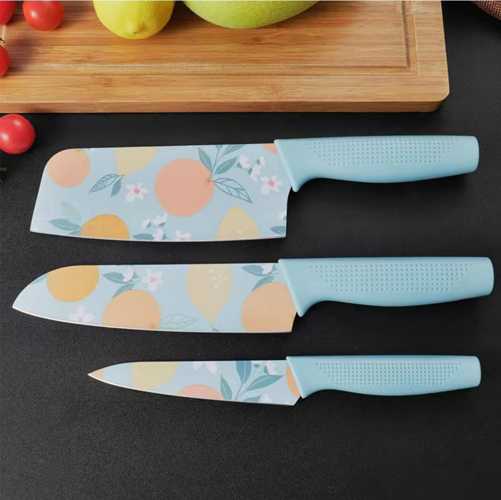 Printed Kitchen Knife Set – 3 PCS Stainless Steel Chef, Utility & Paring Knives | Floral Coated Blade, Ergonomic Handle | Dishwasher Safe – Sky Blue