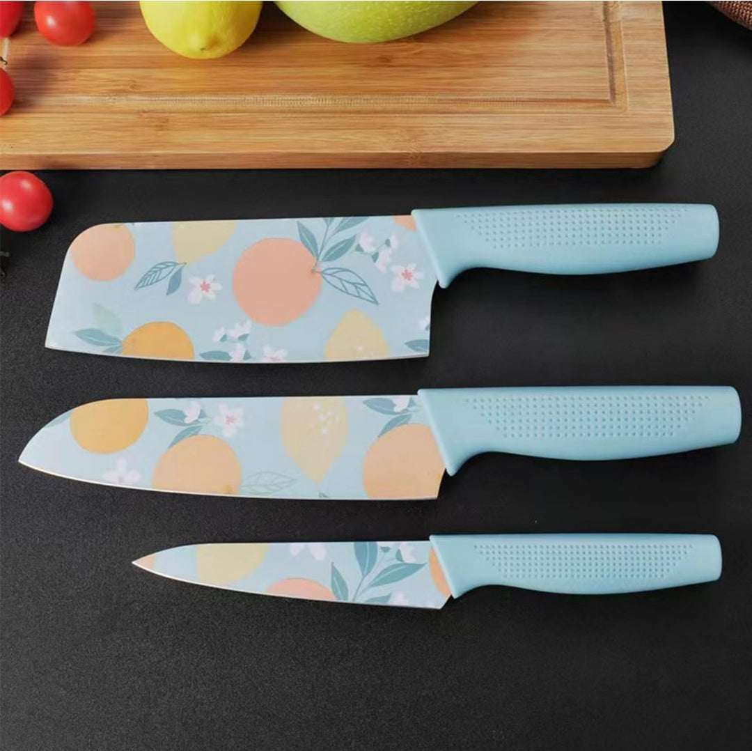 Printed Kitchen Knife Set – 3 PCS Stainless Steel Chef, Utility & Paring Knives | Floral Coated Blade, Ergonomic Handle | Dishwasher Safe – Sky Blue