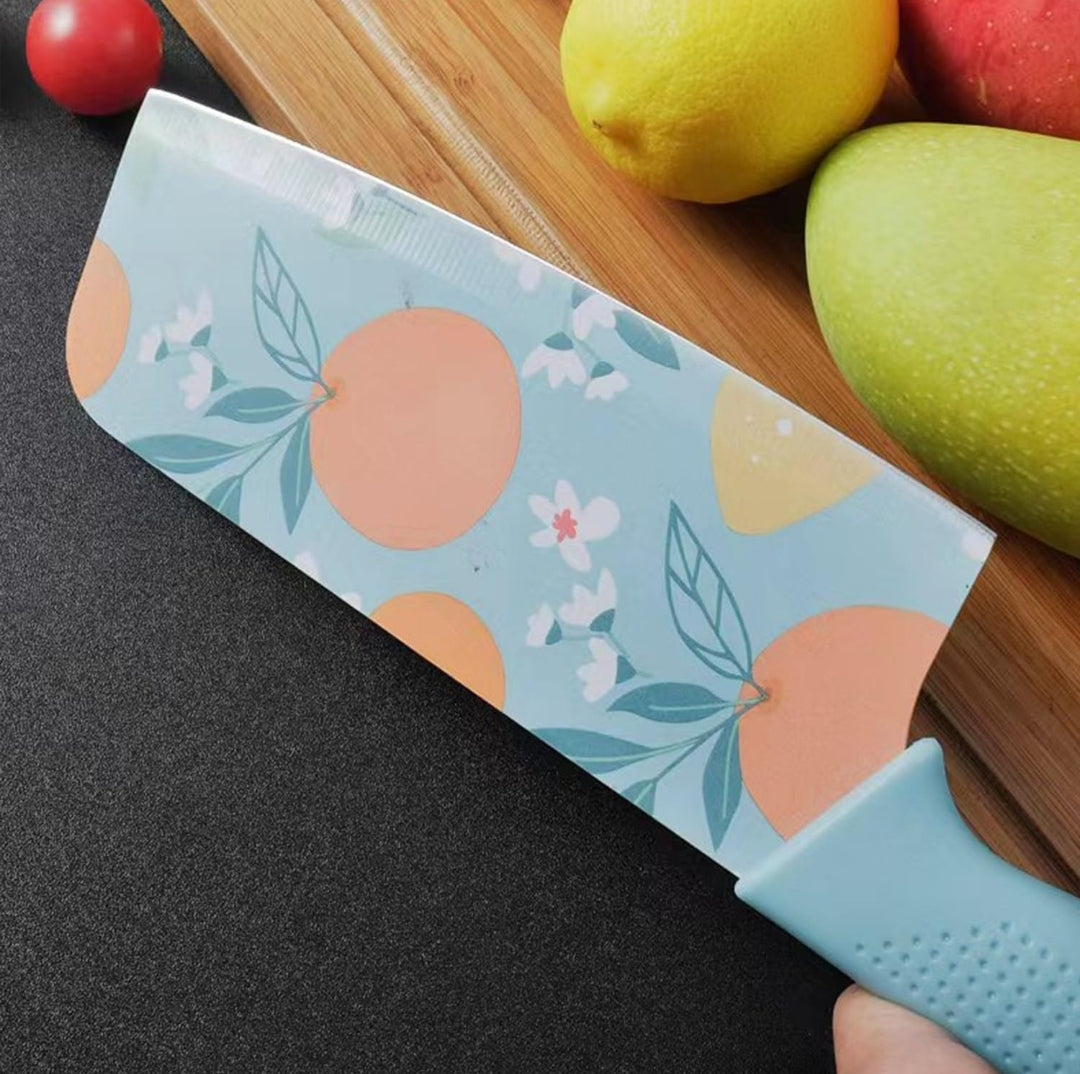 Printed Kitchen Knife Set – 3 PCS Stainless Steel Chef, Utility & Paring Knives | Floral Coated Blade, Ergonomic Handle | Dishwasher Safe – Sky Blue