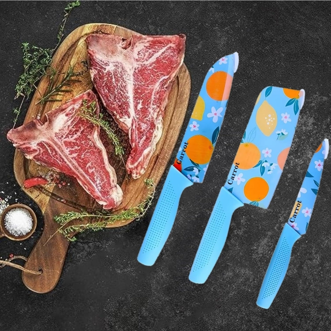 Printed Kitchen Knife Set – 3 PCS Stainless Steel Chef, Utility & Paring Knives | Floral Coated Blade, Ergonomic Handle | Dishwasher Safe – Sky Blue