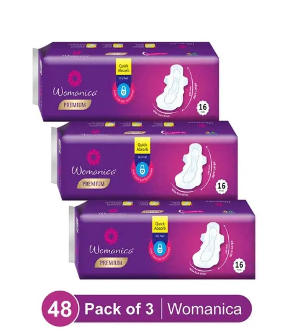 Womanica 290mm Sanitary Pads (16 Pads Each, Total 48 Pads) Pack of 3