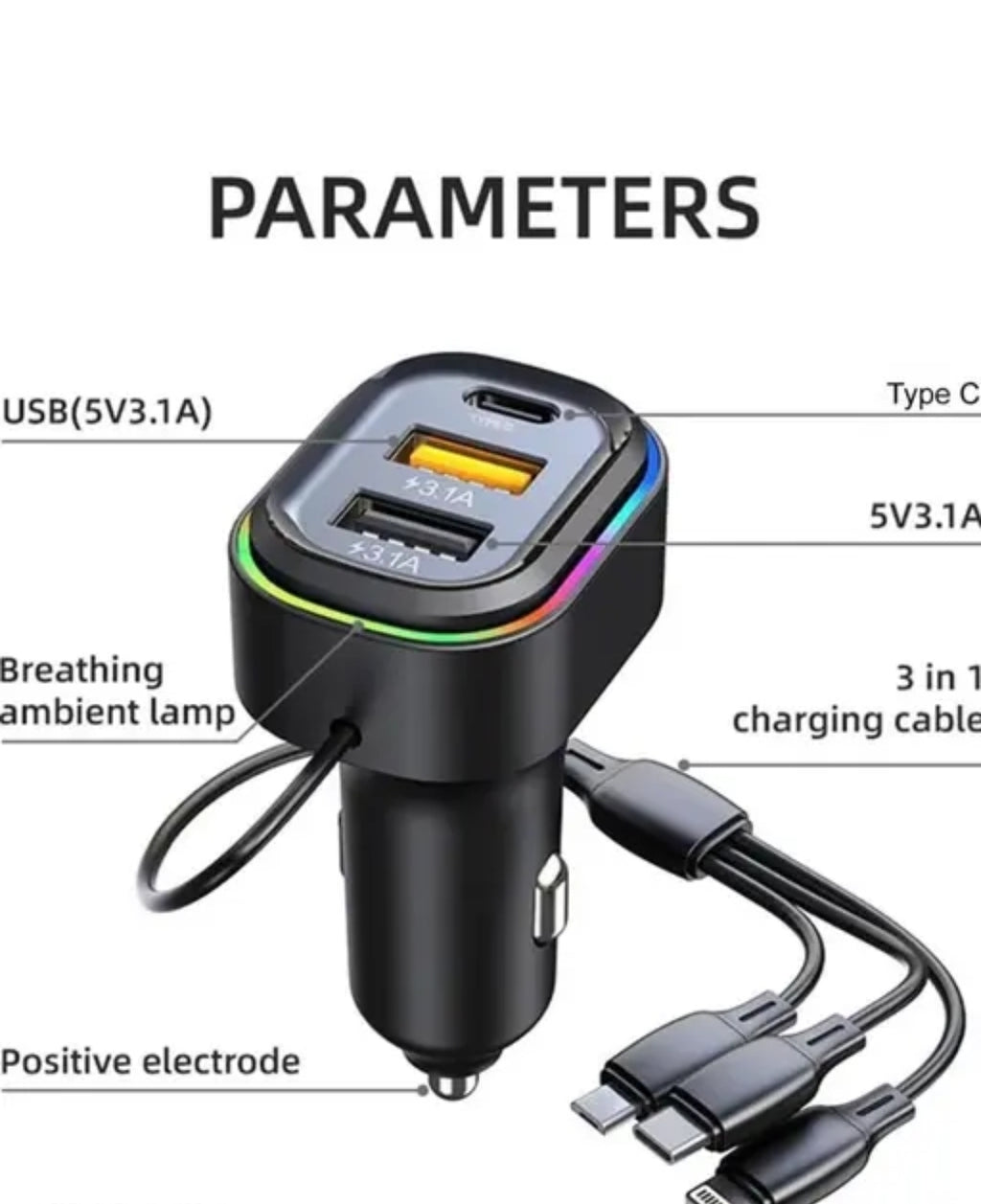 2USB + 1 Type-C Phone Super Fast Charging Adapter 48W Car Charger with 3-in-1 Charging Cable Premium Latest Car Charger Suitable For All Cars