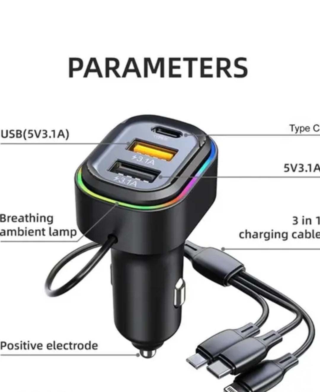 2USB + 1 Type-C Phone Super Fast Charging Adapter 48W Car Charger with 3-in-1 Charging Cable Premium Latest Car Charger Suitable For All Cars