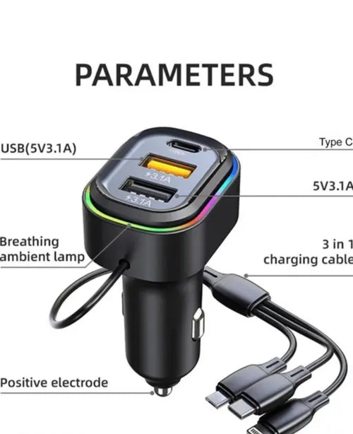 2USB + 1 Type-C Phone Super Fast Charging Adapter 48W Car Charger with 3-in-1 Charging Cable Premium Latest Car Charger Suitable For All Cars