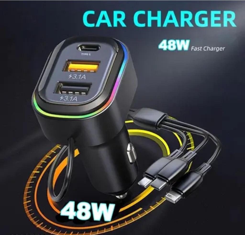 2USB + 1 Type-C Phone Super Fast Charging Adapter 48W Car Charger with 3-in-1 Charging Cable Premium Latest Car Charger Suitable For All Cars